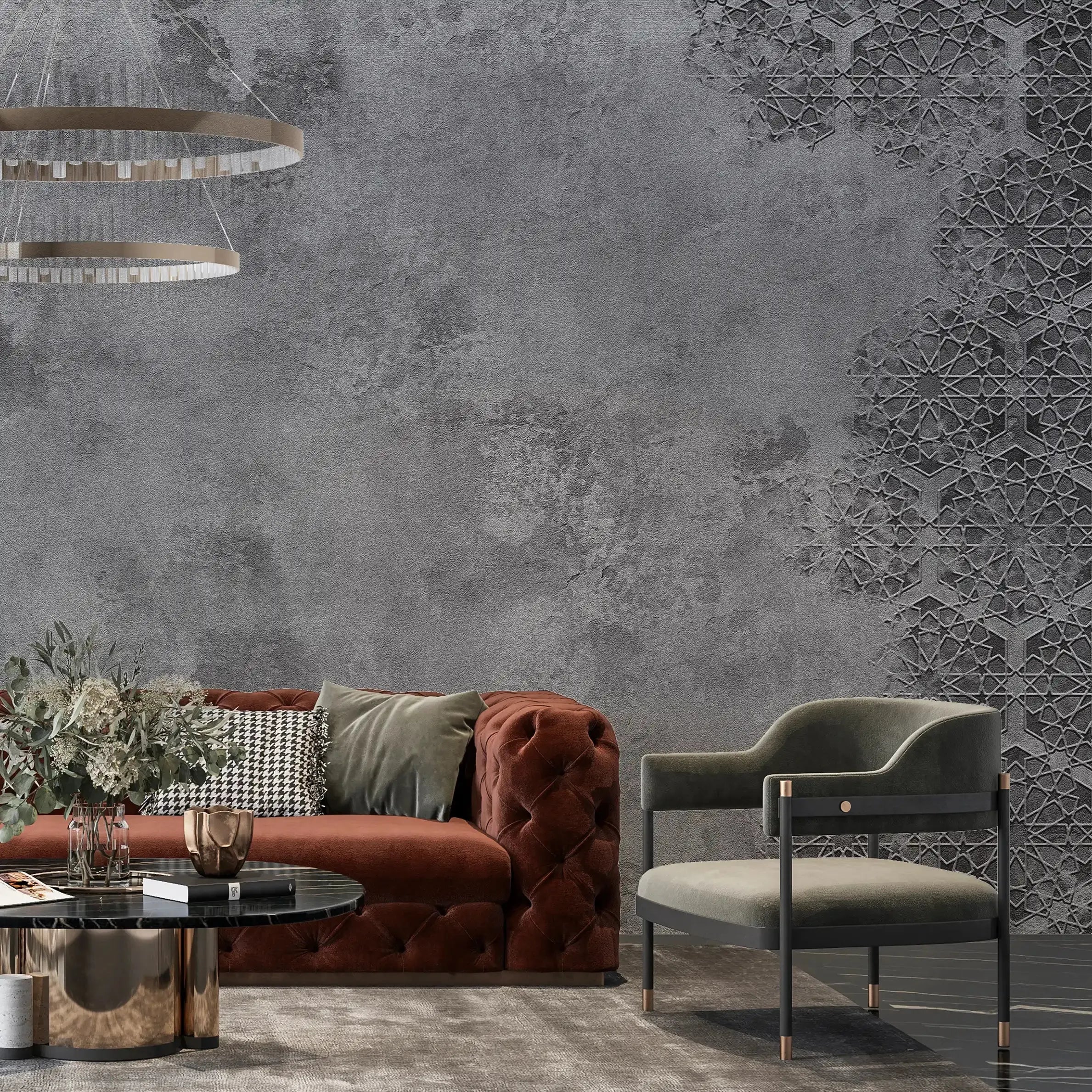 3068-E / Elegant Floral Abstract Peel and Stick Wallpaper with Grey Border - Perfect for Modern Room Deco - Artevella