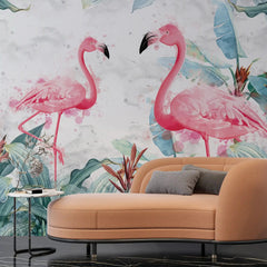 3069-B / Tropical Peel & Stick Wallpaper – Vibrant Pink Flamingo and Leaf Design for DIY Home Decor - Artevella