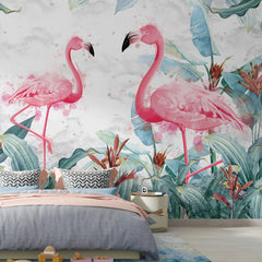 3069-B / Tropical Peel & Stick Wallpaper – Vibrant Pink Flamingo and Leaf Design for DIY Home Decor - Artevella