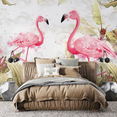 3069-C / Tropical Peel & Stick Wallpaper – Vibrant Pink Flamingo and Leaf Design for DIY Home Decor - Artevella