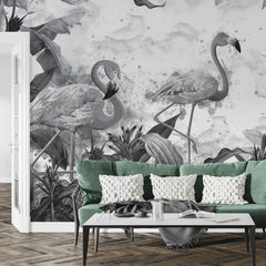 3069-E / Tropical Peel & Stick Wallpaper – Vibrant Grey Flamingo and Leaf Design for DIY Home Decor - Artevella