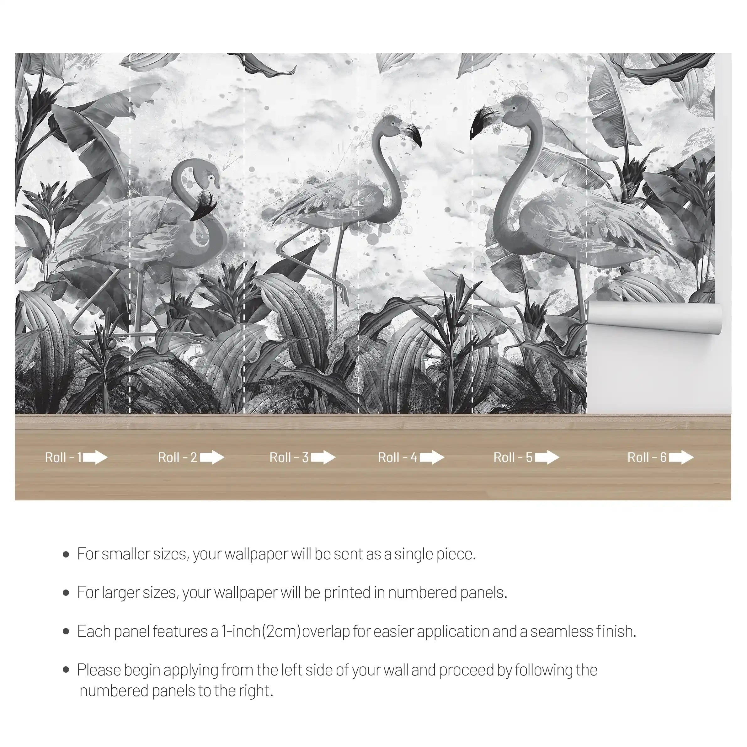 3069-E / Tropical Peel & Stick Wallpaper – Vibrant Grey Flamingo and Leaf Design for DIY Home Decor - Artevella