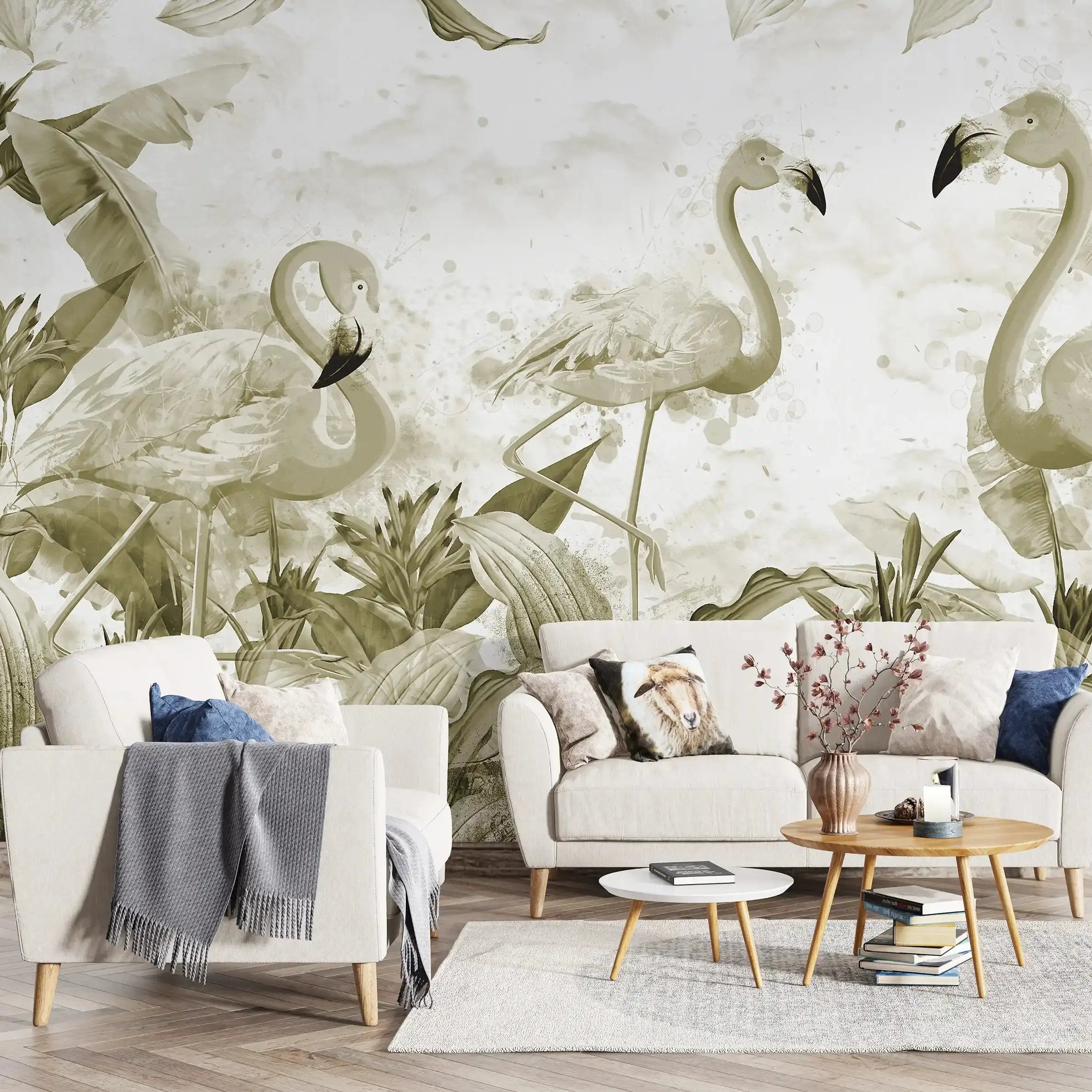 3069-F / Tropical Peel & Stick Wallpaper – Vibrant Green Flamingo and Leaf Design for DIY Home Decor - Artevella