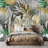 3073-A / Self-Adhesive Wall Mural, Exotic Gold & Orange Leaves, Watercolor Botanical Wallpaper for Modern Home Decor - Artevella