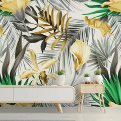 3073-A / Self-Adhesive Wall Mural, Exotic Gold & Orange Leaves, Watercolor Botanical Wallpaper for Modern Home Decor - Artevella