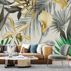 3073-A / Self-Adhesive Wall Mural, Exotic Gold & Orange Leaves, Watercolor Botanical Wallpaper for Modern Home Decor - Artevella