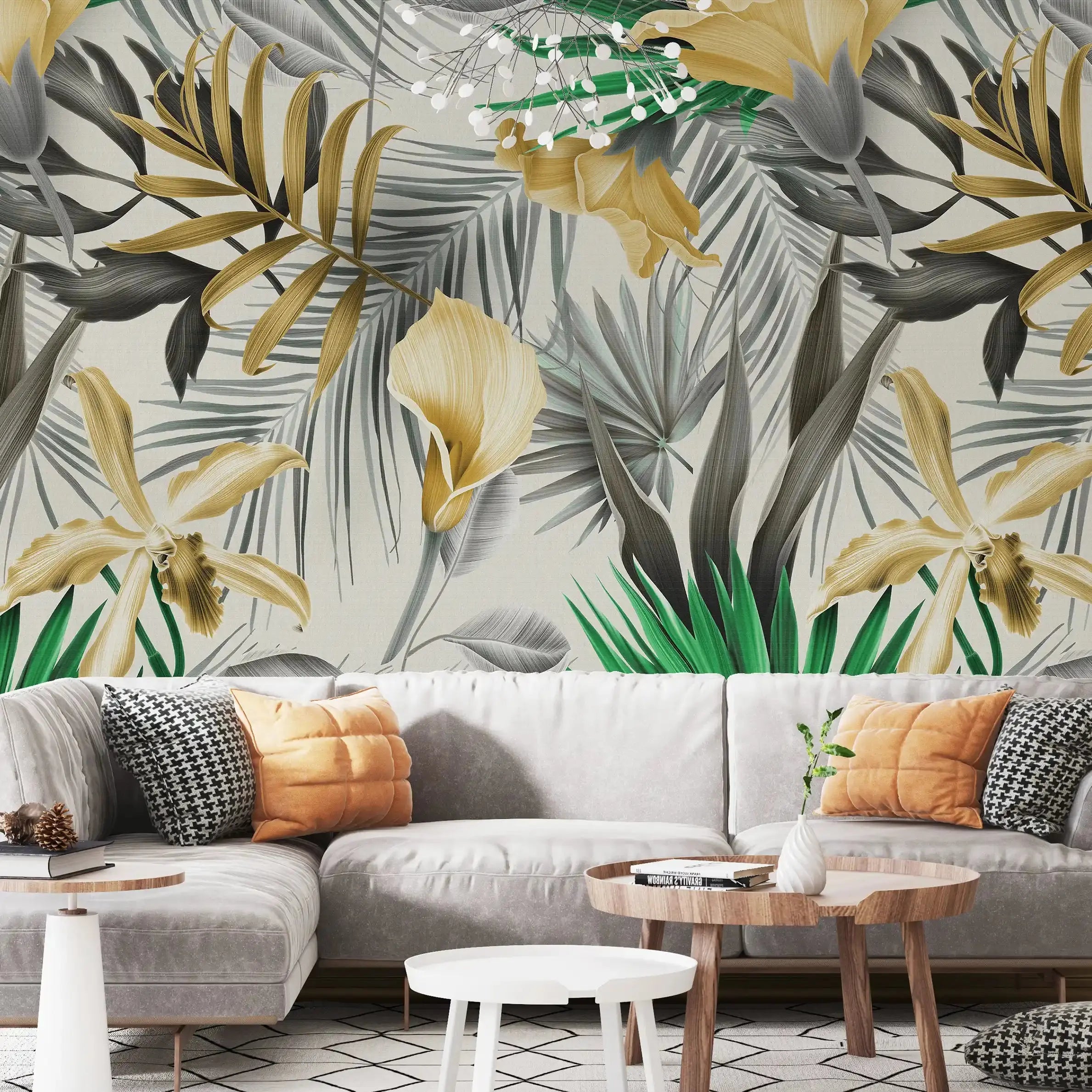 3073-A / Self-Adhesive Wall Mural, Exotic Gold & Orange Leaves, Watercolor Botanical Wallpaper for Modern Home Decor - Artevella