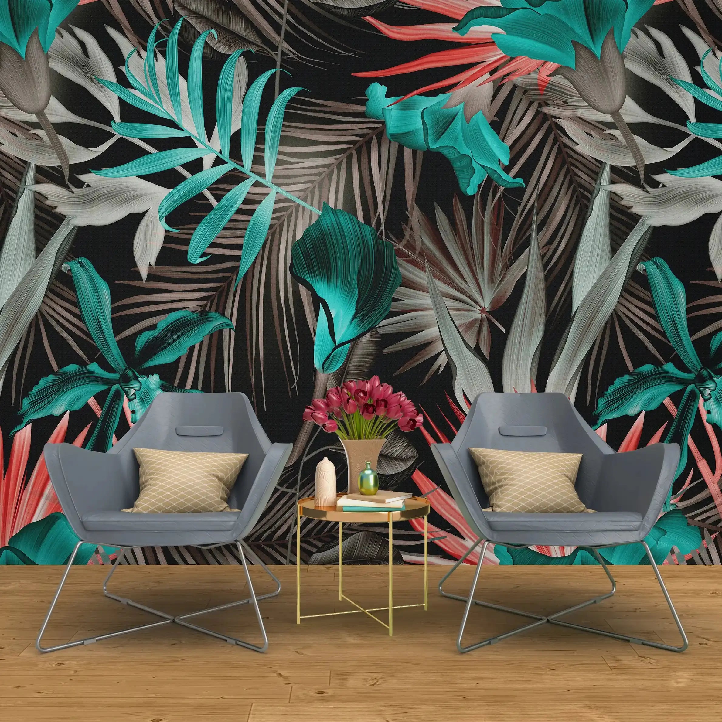 3073-B / Self-Adhesive Wall Mural, Exotic Brown & Green Leaves, Watercolor Botanical Wallpaper for Modern Home Decor - Artevella