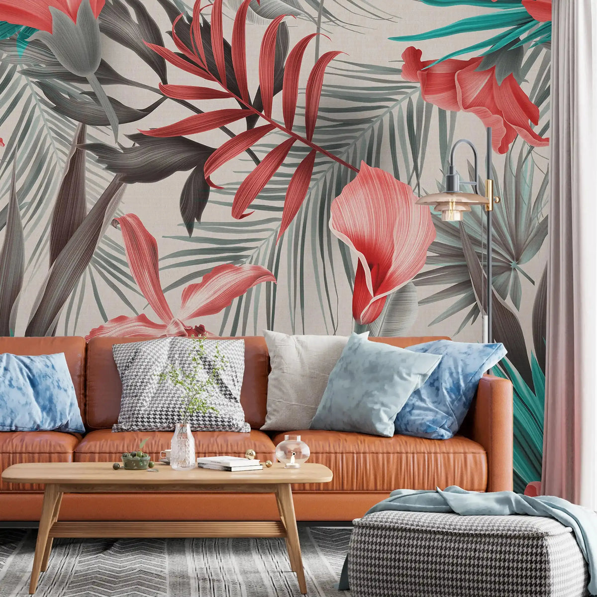 3073-C / Self-Adhesive Wall Mural, Exotic Green & Pink Leaves, Watercolor Botanical Wallpaper for Modern Home Decor - Artevella