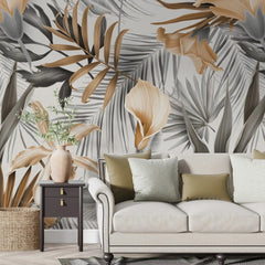 3073-D / Self-Adhesive Wall Mural, Exotic Gold & Grey Leaves, Watercolor Botanical Wallpaper for Modern Home Decor - Artevella