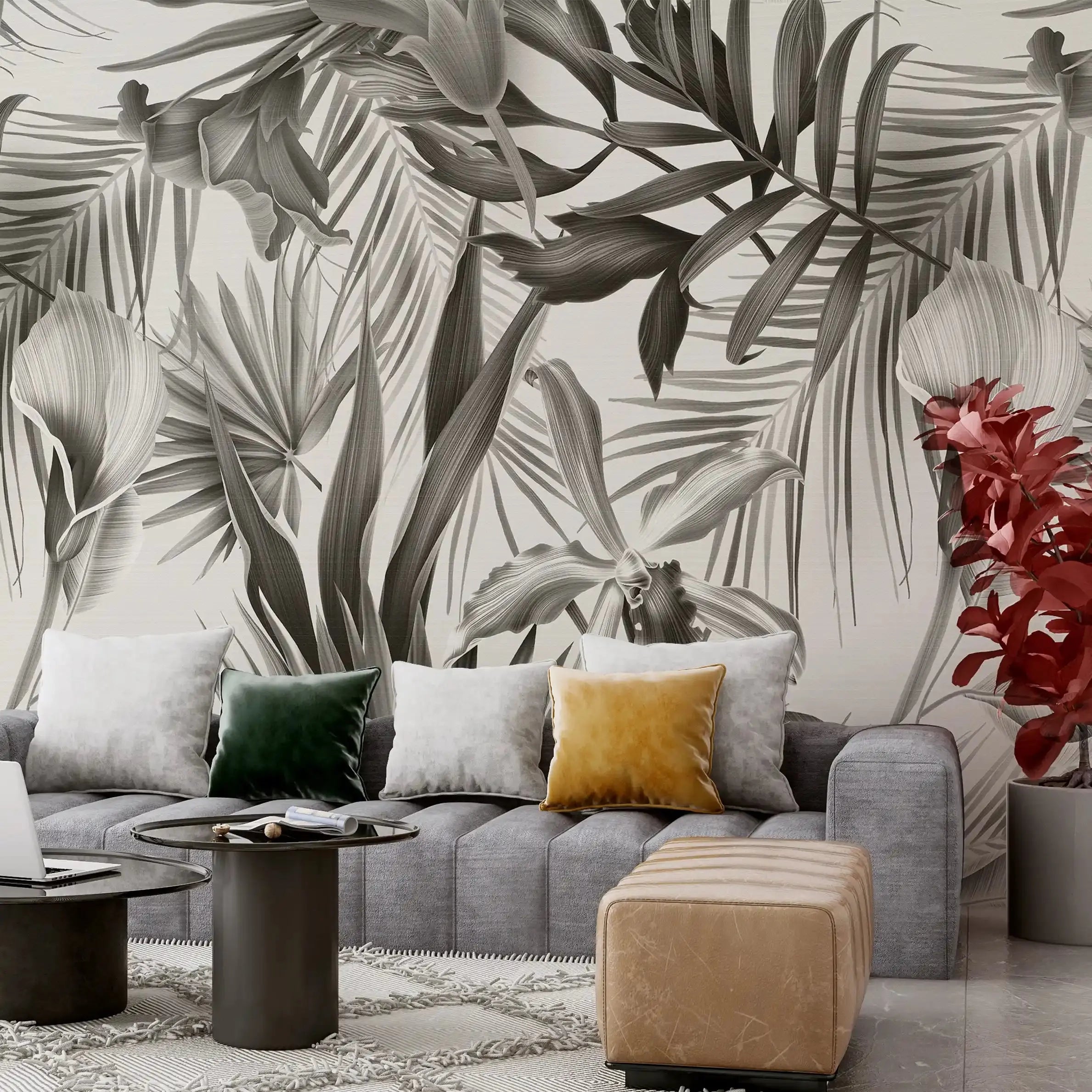3073-E / Self-Adhesive Wall Mural, Exotic  Grey Leaves, Watercolor Botanical Wallpaper for Modern Home Decor - Artevella