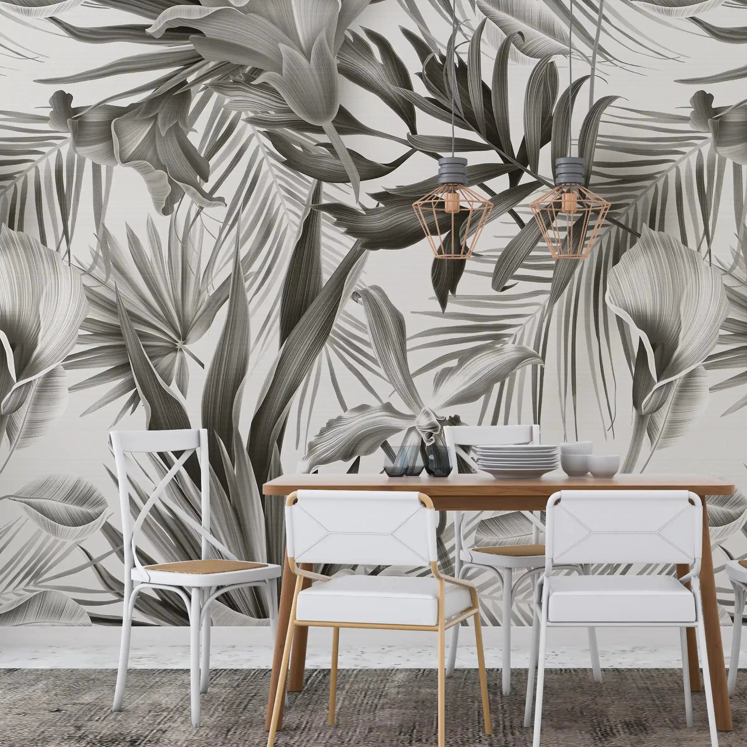 3073-E / Self-Adhesive Wall Mural, Exotic  Grey Leaves, Watercolor Botanical Wallpaper for Modern Home Decor - Artevella