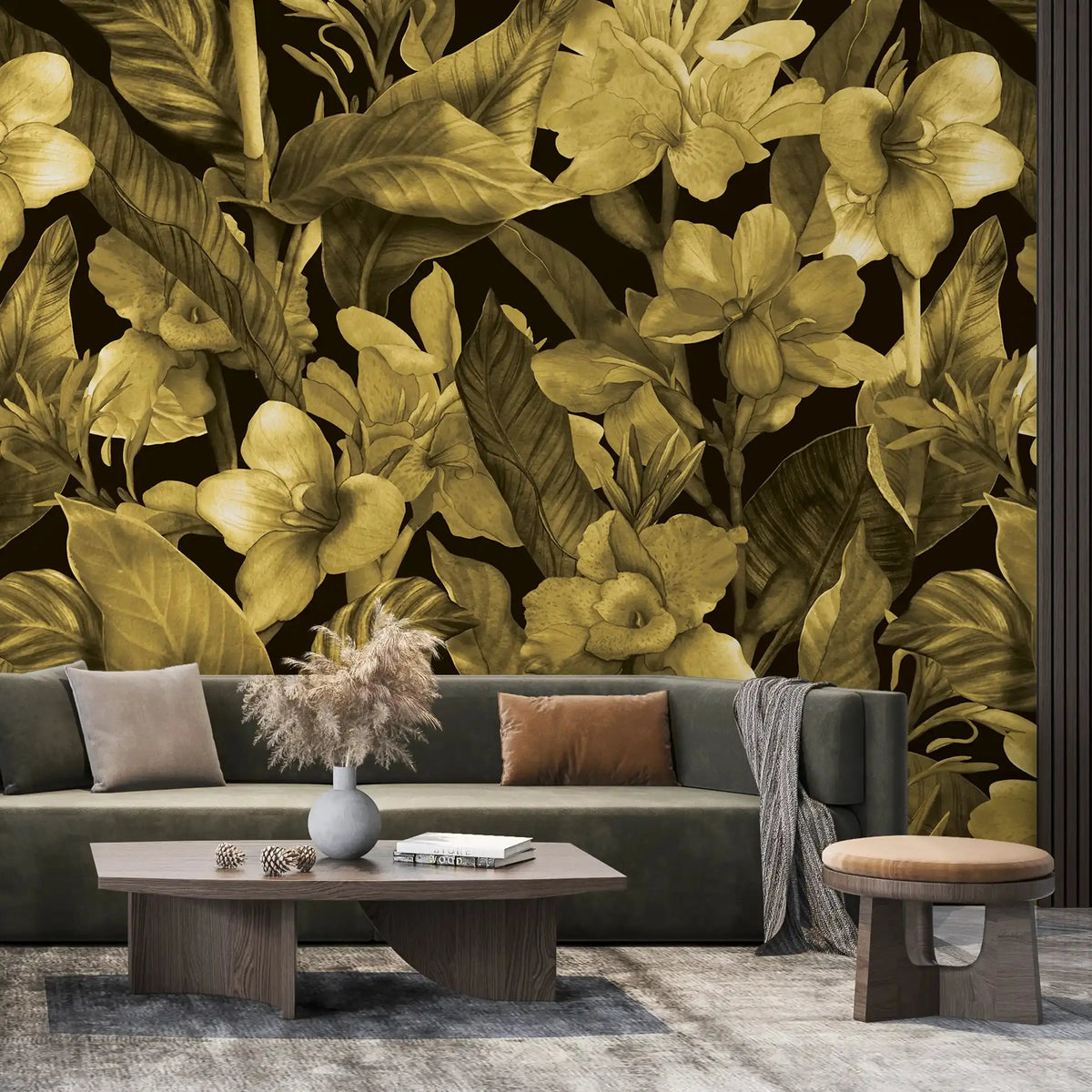 3074-A / Botanical Peel and Stick Wallpaper: Gold Floral & Black Leaf Pattern, Perfect for Accent Wall Decor - Artevella