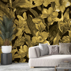 3074-A / Botanical Peel and Stick Wallpaper: Gold Floral & Black Leaf Pattern, Perfect for Accent Wall Decor - Artevella