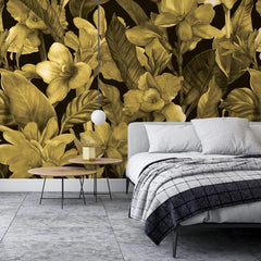 3074-A / Botanical Peel and Stick Wallpaper: Gold Floral & Black Leaf Pattern, Perfect for Accent Wall Decor - Artevella