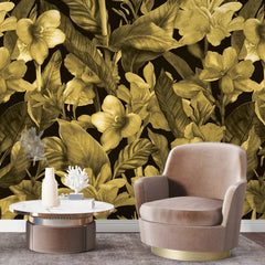 3074-A / Botanical Peel and Stick Wallpaper: Gold Floral & Black Leaf Pattern, Perfect for Accent Wall Decor - Artevella