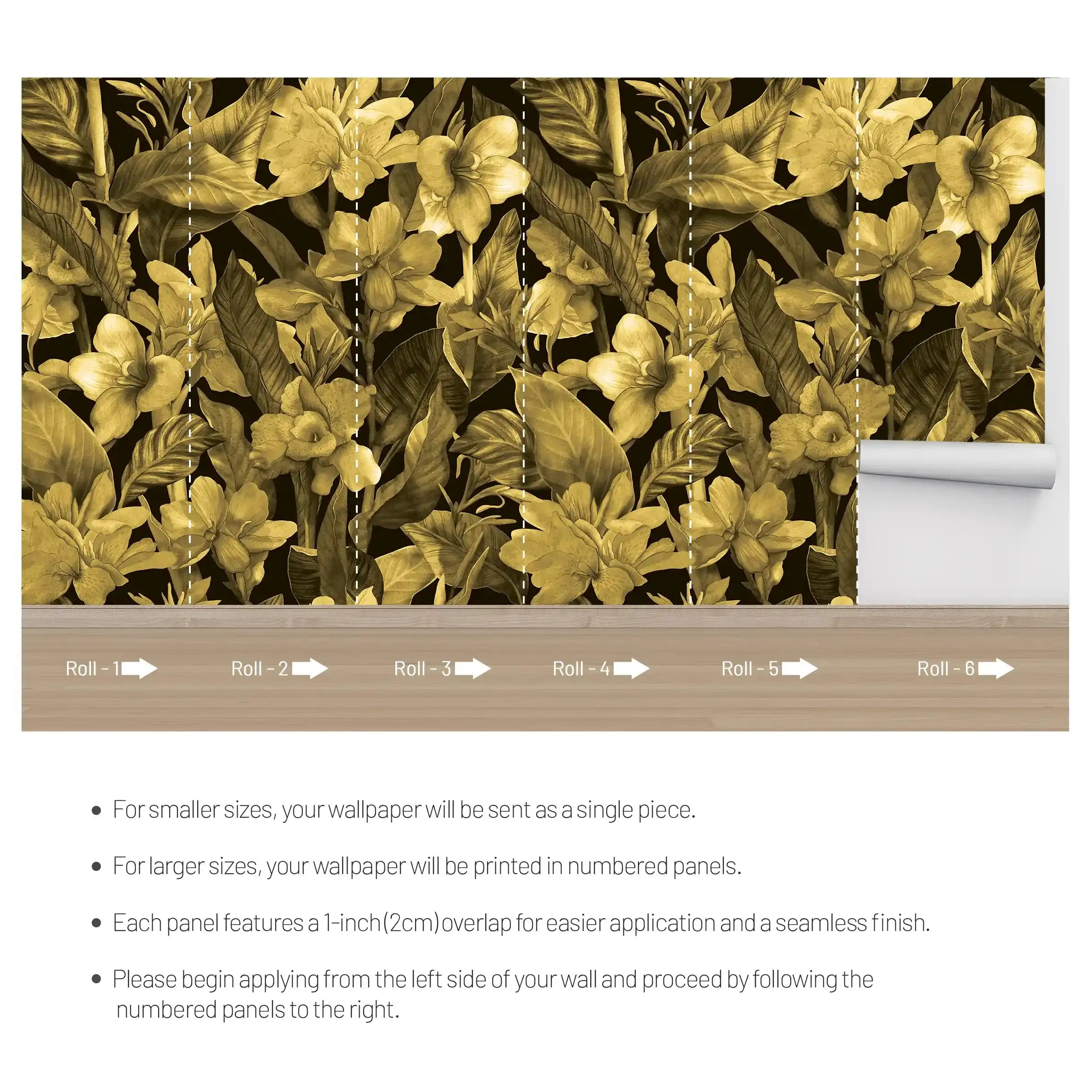 3074-A / Botanical Peel and Stick Wallpaper: Gold Floral & Black Leaf Pattern, Perfect for Accent Wall Decor - Artevella