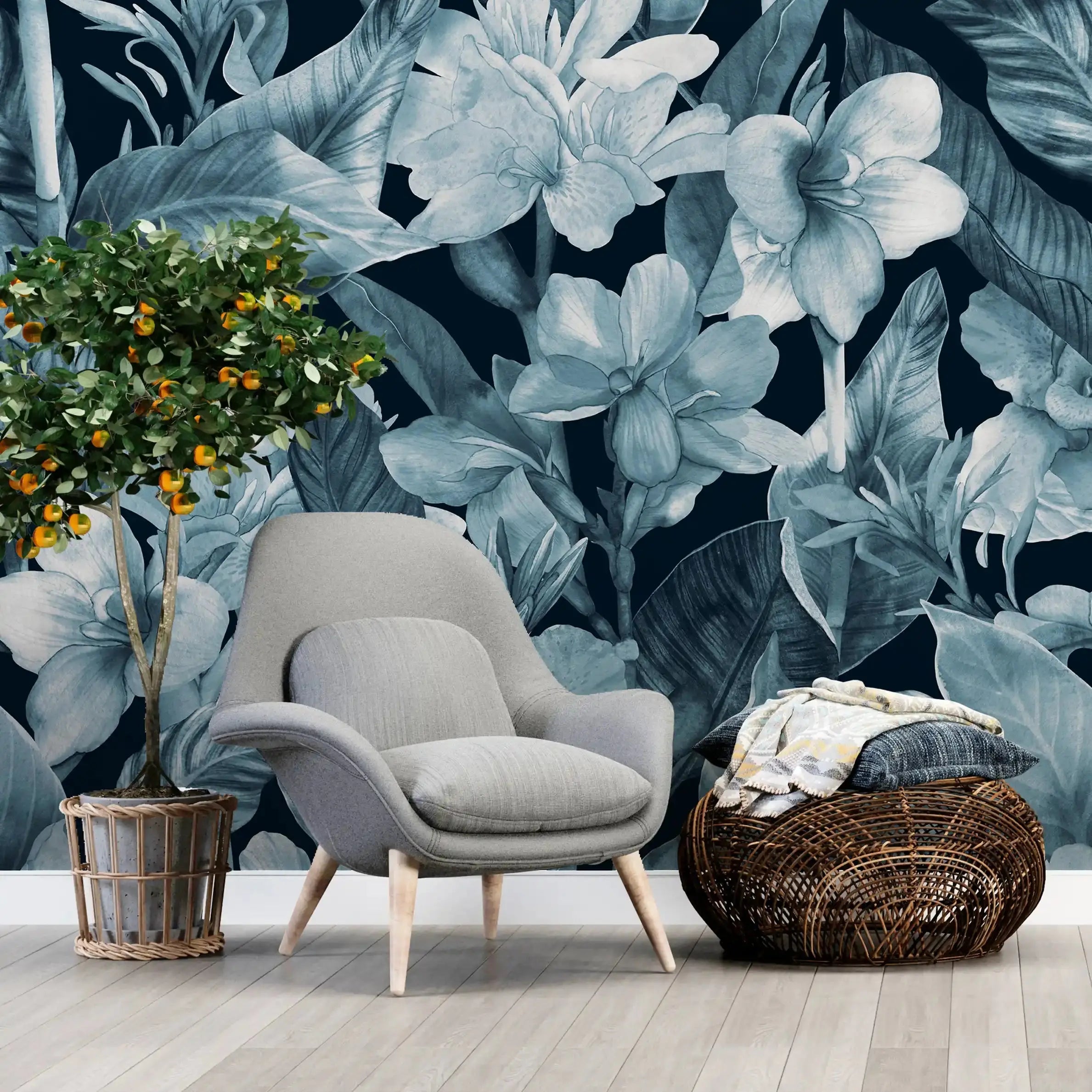 3074-B / Botanical Peel and Stick Wallpaper: Blue Floral & Black Leaf Pattern, Perfect for Accent Wall Decor - Artevella