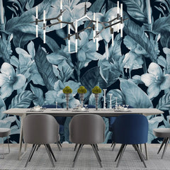 3074-B / Botanical Peel and Stick Wallpaper: Blue Floral & Black Leaf Pattern, Perfect for Accent Wall Decor - Artevella