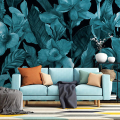 3074-C / Botanical Peel and Stick Wallpaper: Blue Floral & Black Leaf Pattern, Perfect for Accent Wall Decor - Artevella