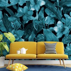 3074-C / Botanical Peel and Stick Wallpaper: Blue Floral & Black Leaf Pattern, Perfect for Accent Wall Decor - Artevella