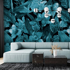 3074-C / Botanical Peel and Stick Wallpaper: Blue Floral & Black Leaf Pattern, Perfect for Accent Wall Decor - Artevella