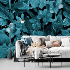 3074-C / Botanical Peel and Stick Wallpaper: Blue Floral & Black Leaf Pattern, Perfect for Accent Wall Decor - Artevella