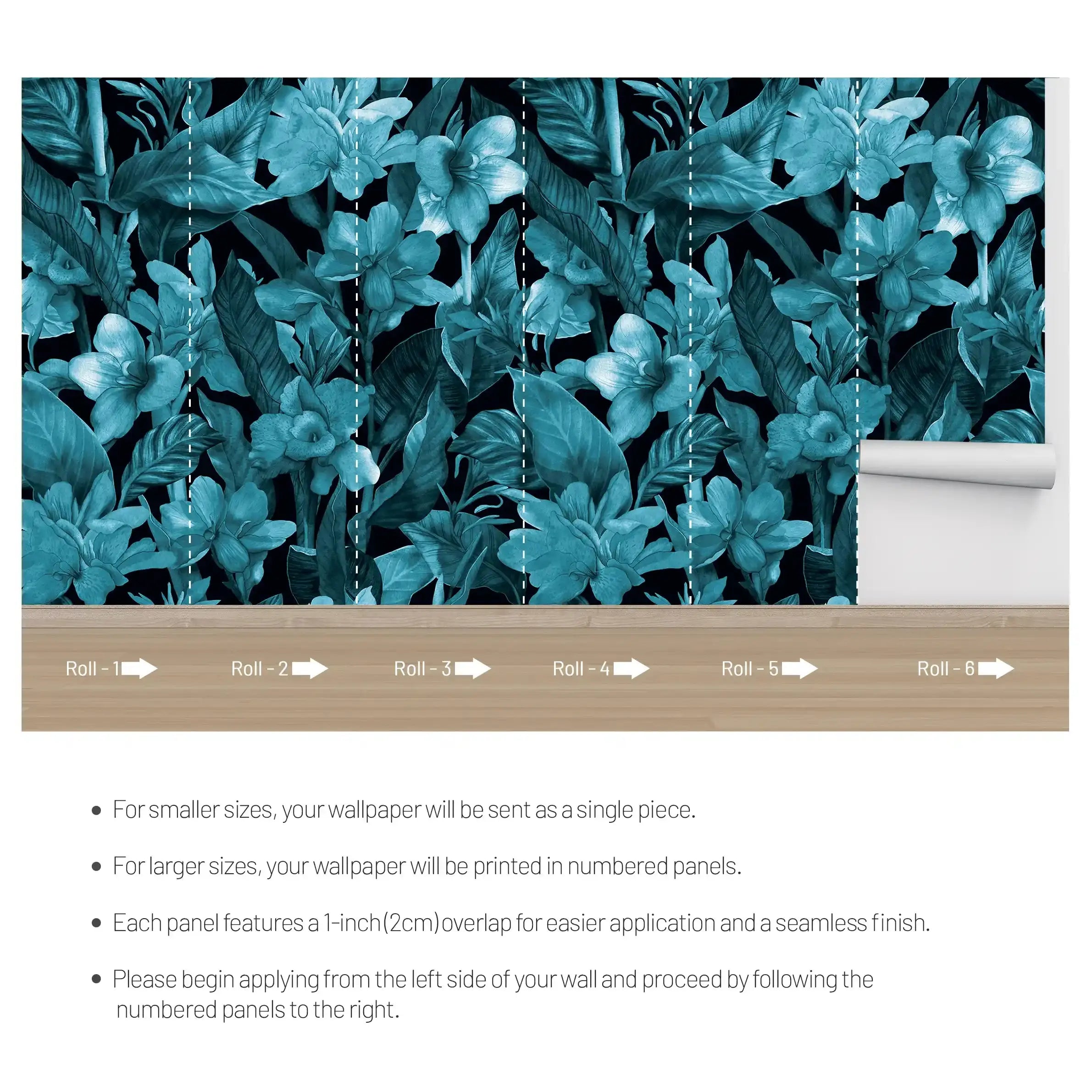 3074-C / Botanical Peel and Stick Wallpaper: Blue Floral & Black Leaf Pattern, Perfect for Accent Wall Decor - Artevella