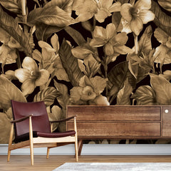 3074-D / Botanical Peel and Stick Wallpaper: Brown Floral & Black Leaf Pattern, Perfect for Accent Wall Decor - Artevella