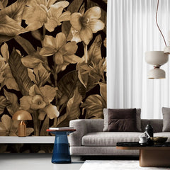 3074-D / Botanical Peel and Stick Wallpaper: Brown Floral & Black Leaf Pattern, Perfect for Accent Wall Decor - Artevella