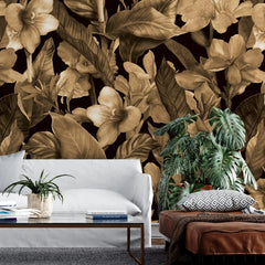 3074-D / Botanical Peel and Stick Wallpaper: Brown Floral & Black Leaf Pattern, Perfect for Accent Wall Decor - Artevella