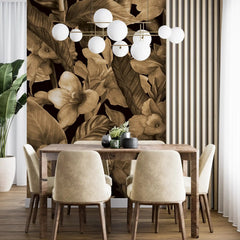 3074-D / Botanical Peel and Stick Wallpaper: Brown Floral & Black Leaf Pattern, Perfect for Accent Wall Decor - Artevella