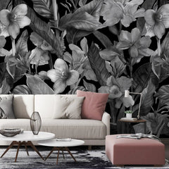 3074-E / Botanical Peel and Stick Wallpaper: Grey Floral & Black Leaf Pattern, Perfect for Accent Wall Decor - Artevella