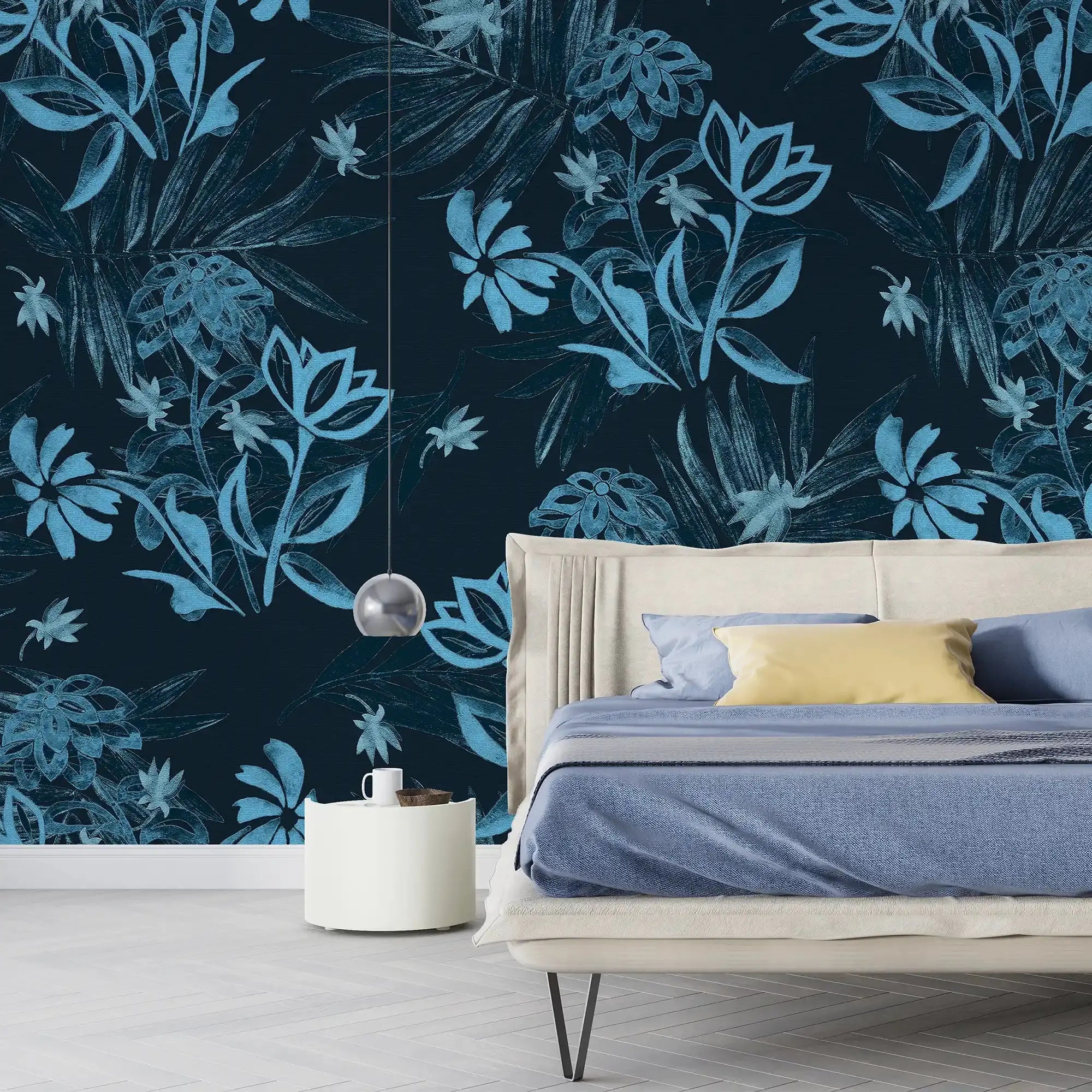 3086-A / Plant Wallpaper: Self-Adhesive, Blue Hibiscus and Cypress Pattern, Floral Wall Mural for Modern Room Decor - Artevella