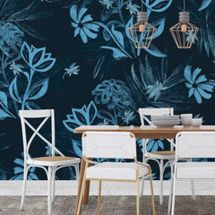 3086-A / Plant Wallpaper: Self-Adhesive, Blue Hibiscus and Cypress Pattern, Floral Wall Mural for Modern Room Decor - Artevella