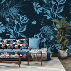 3086-A / Plant Wallpaper: Self-Adhesive, Blue Hibiscus and Cypress Pattern, Floral Wall Mural for Modern Room Decor - Artevella