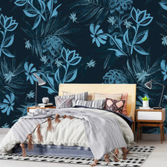3086-A / Plant Wallpaper: Self-Adhesive, Blue Hibiscus and Cypress Pattern, Floral Wall Mural for Modern Room Decor - Artevella