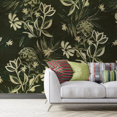 3086-B / Plant Wallpaper: Self-Adhesive, Blue Hibiscus and Cypress Pattern, Floral Wall Mural for Modern Room Decor - Artevella