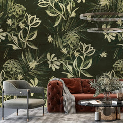 3086-B / Plant Wallpaper: Self-Adhesive, Blue Hibiscus and Cypress Pattern, Floral Wall Mural for Modern Room Decor - Artevella