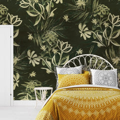 3086-B / Plant Wallpaper: Self-Adhesive, Blue Hibiscus and Cypress Pattern, Floral Wall Mural for Modern Room Decor - Artevella