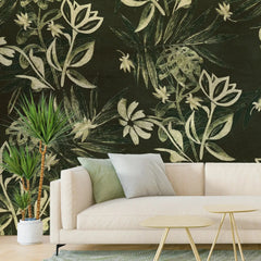 3086-B / Plant Wallpaper: Self-Adhesive, Blue Hibiscus and Cypress Pattern, Floral Wall Mural for Modern Room Decor - Artevella