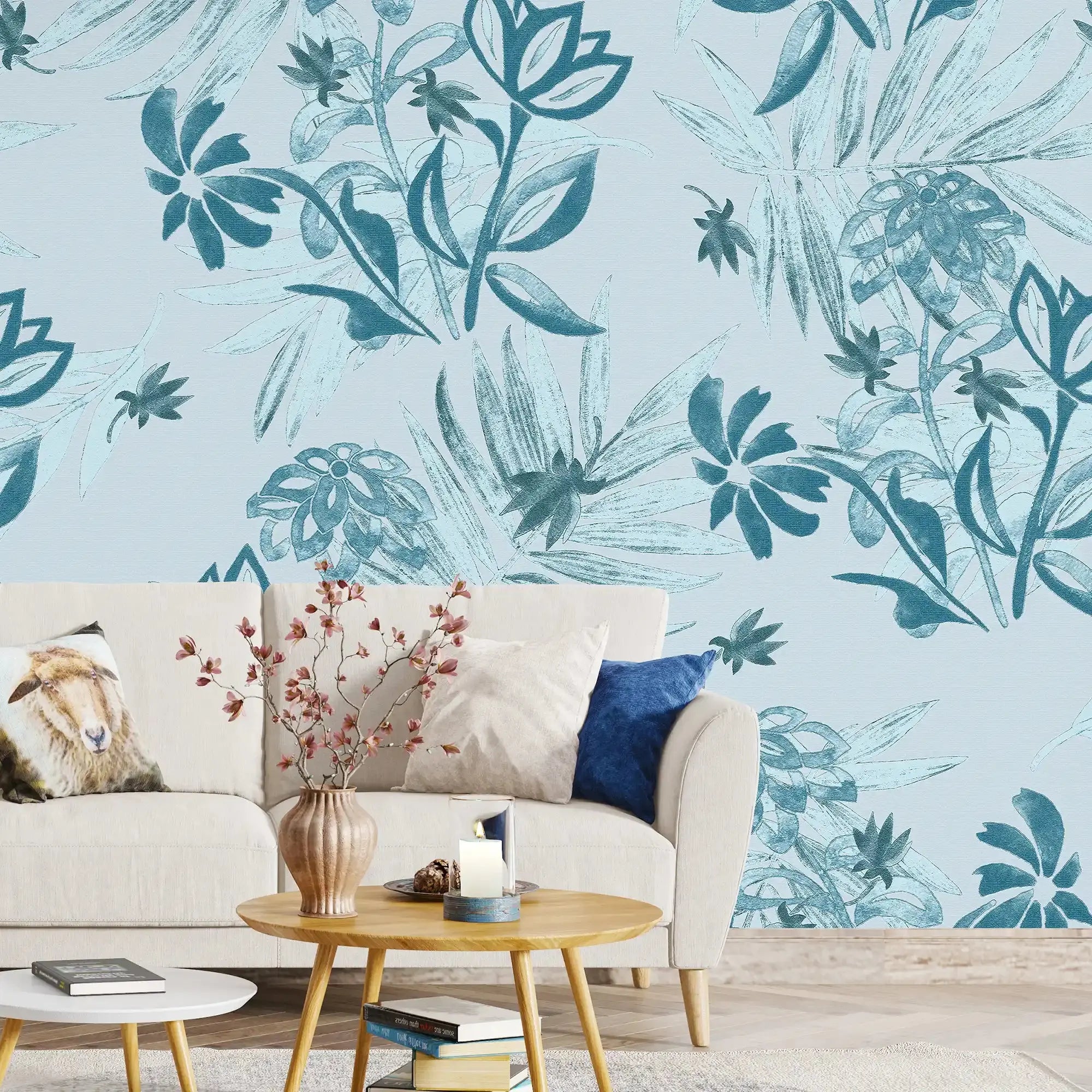 3086-D / Plant Wallpaper: Self-Adhesive, Blue Hibiscus and Cypress Pattern, Floral Wall Mural for Modern Room Decor - Artevella