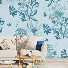 3086-D / Plant Wallpaper: Self-Adhesive, Blue Hibiscus and Cypress Pattern, Floral Wall Mural for Modern Room Decor - Artevella