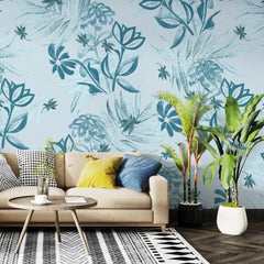 3086-D / Plant Wallpaper: Self-Adhesive, Blue Hibiscus and Cypress Pattern, Floral Wall Mural for Modern Room Decor - Artevella