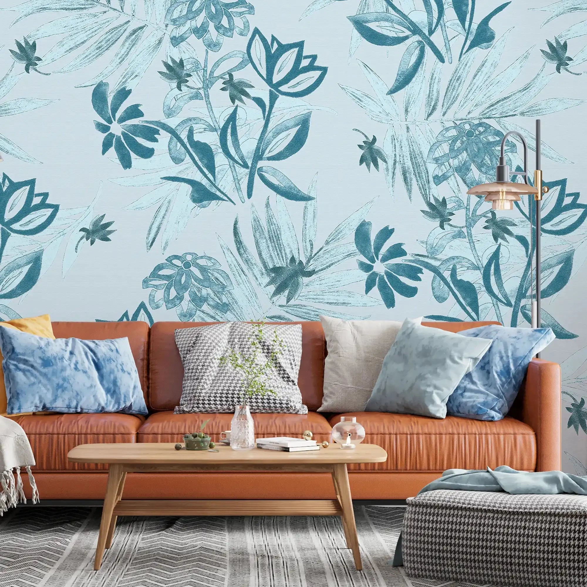 3086-D / Plant Wallpaper: Self-Adhesive, Blue Hibiscus and Cypress Pattern, Floral Wall Mural for Modern Room Decor - Artevella