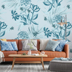 3086-D / Plant Wallpaper: Self-Adhesive, Blue Hibiscus and Cypress Pattern, Floral Wall Mural for Modern Room Decor - Artevella