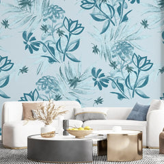 3086-D / Plant Wallpaper: Self-Adhesive, Blue Hibiscus and Cypress Pattern, Floral Wall Mural for Modern Room Decor - Artevella