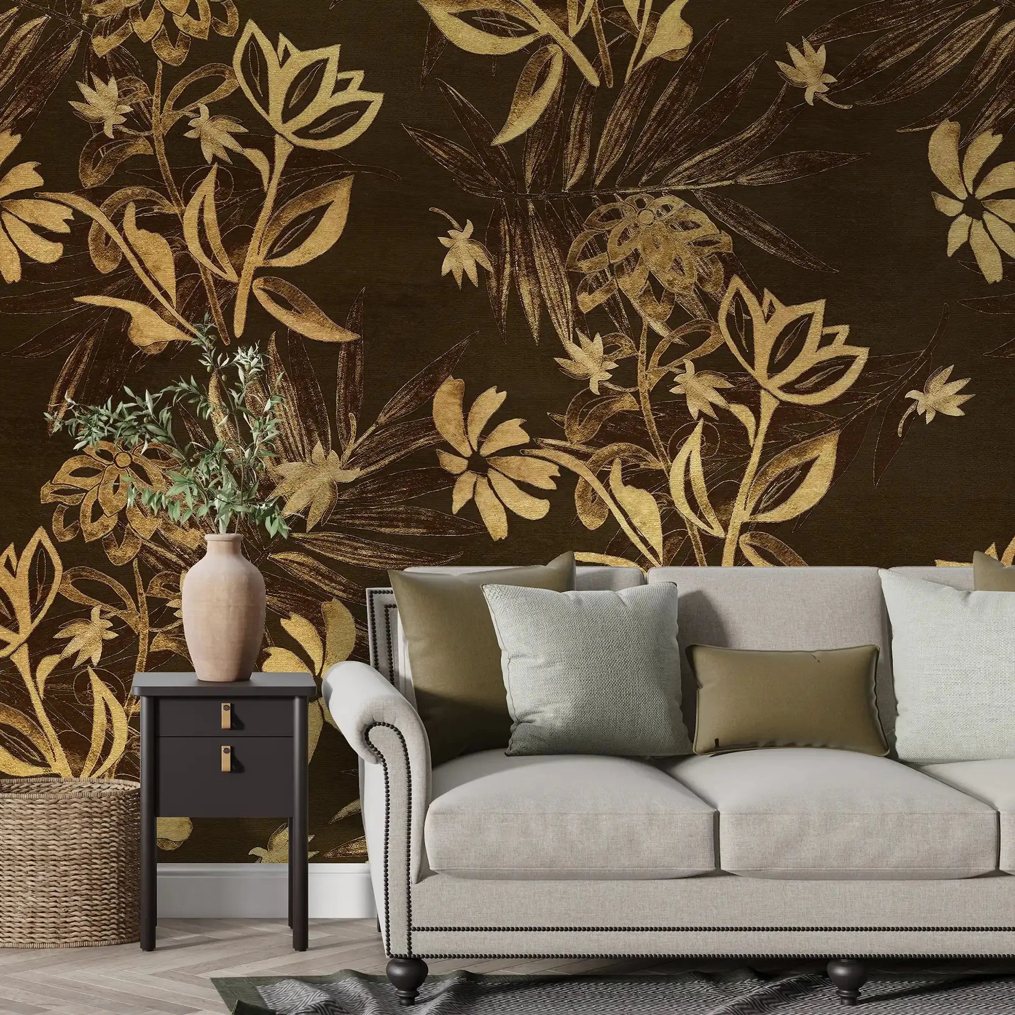 3086-E / Plant Wallpaper: Self-Adhesive, Blue Hibiscus and Cypress Pattern, Floral Wall Mural for Modern Room Decor - Artevella