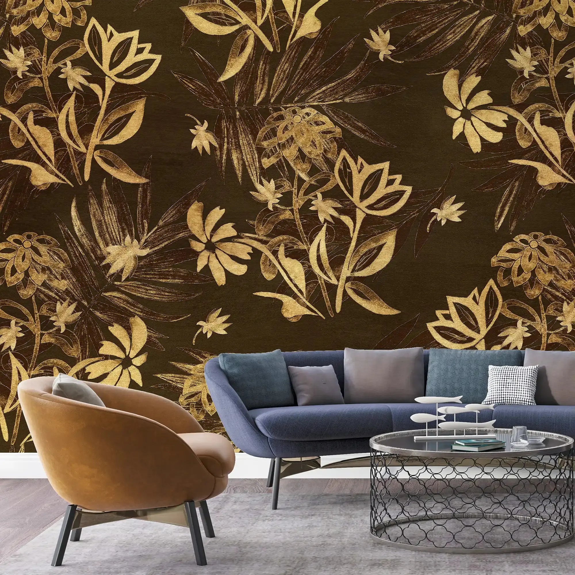 3086-E / Plant Wallpaper: Self-Adhesive, Blue Hibiscus and Cypress Pattern, Floral Wall Mural for Modern Room Decor - Artevella