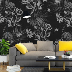 3086-F / Plant Wallpaper: Self-Adhesive, Blue Hibiscus and Cypress Pattern, Floral Wall Mural for Modern Room Decor - Artevella